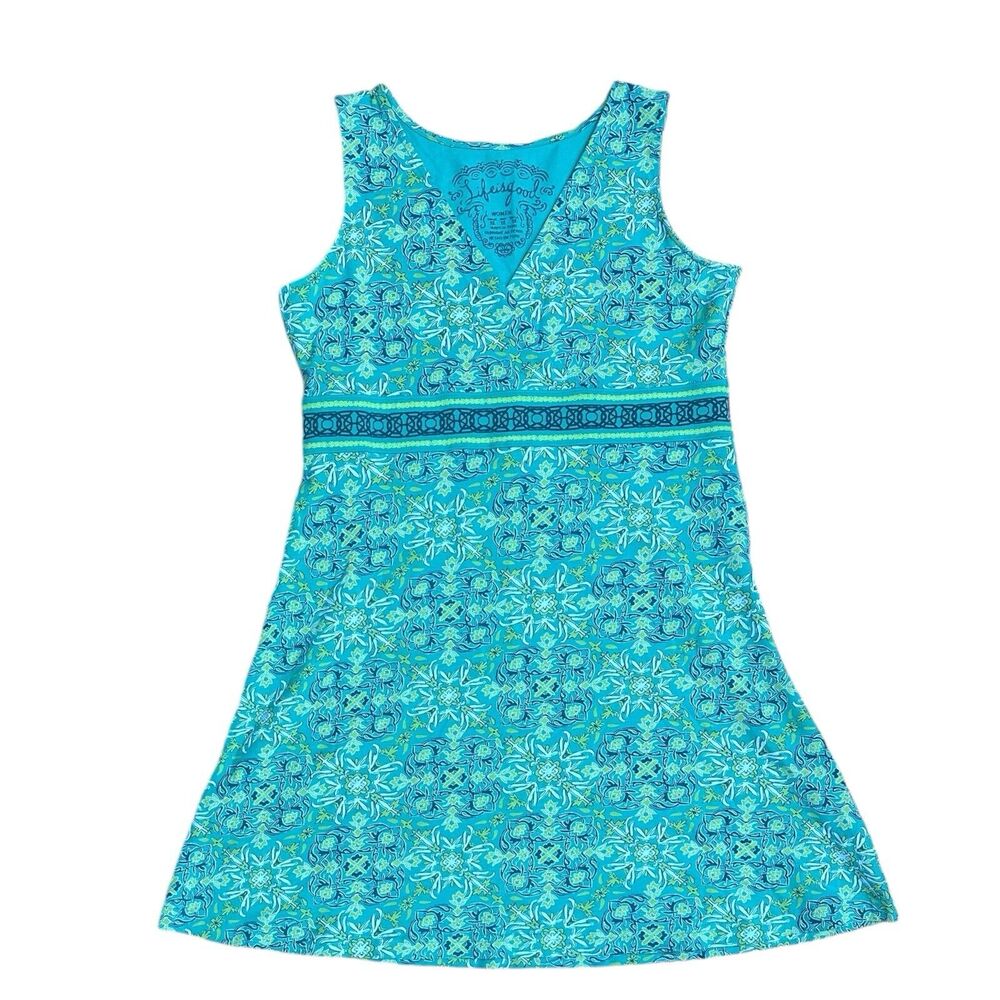 Life Is Good Women's Dress 12 Blue Teal V-neck Sleeveless Stretch Paisley Active